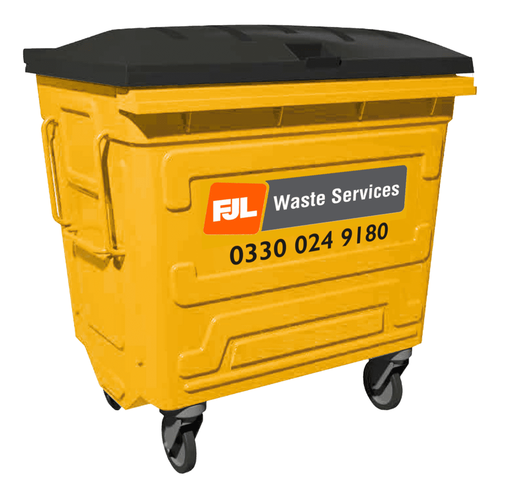 FJL Waste Services 1100 litre four-wheel yellow bin with FJL branding