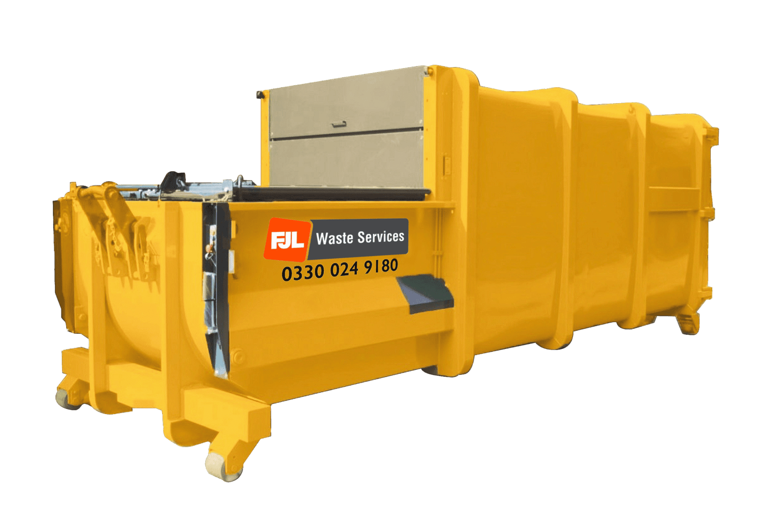 FJL Waste Services yellow static waste compactor with FJL branding