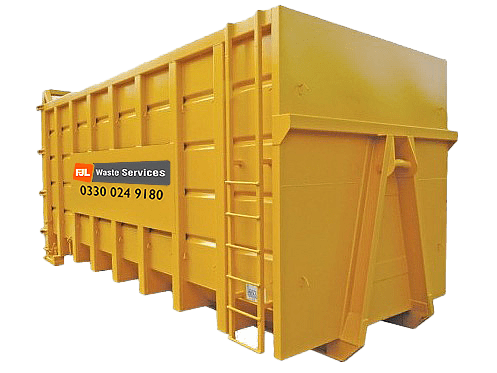 FJL Waste Services roll-on roll-off container, branded yellow