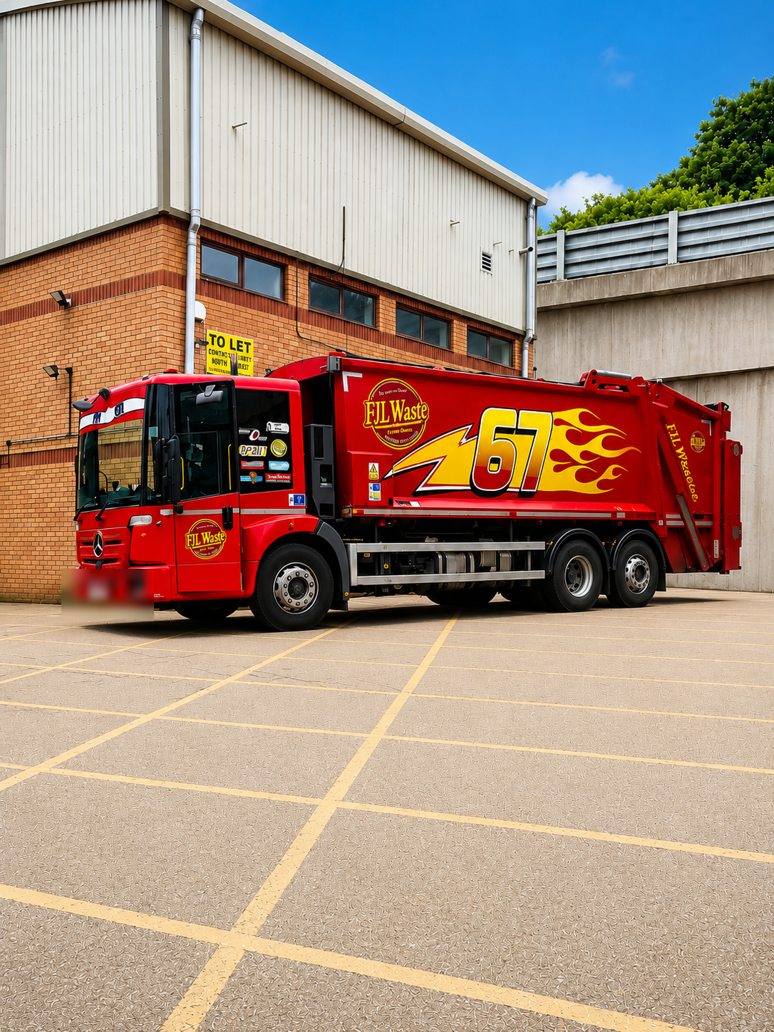 FJL Waste Services red Lightning McQueen tribute bin lorry parked in a car park
