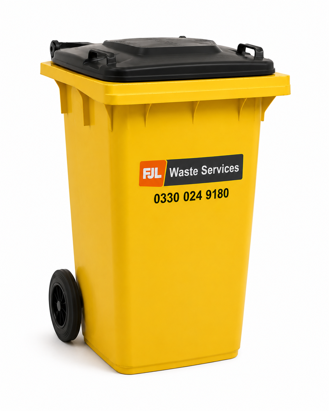 FJL Waste Services 240 litre yellow wheelie bin with black lid, FJL branding and phone number
