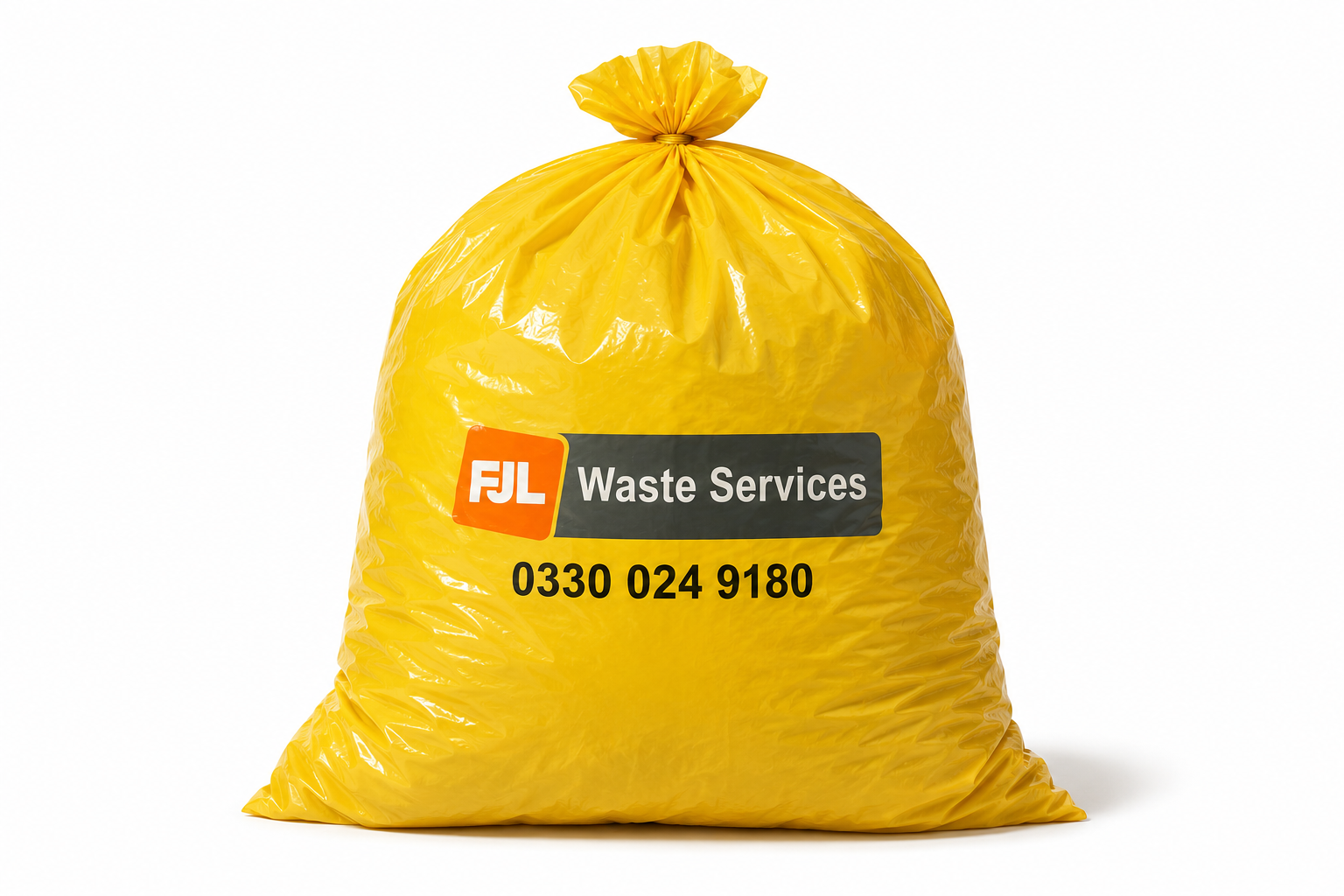 FJL Waste Services yellow commercial refuse sack with FJL branding and phone number