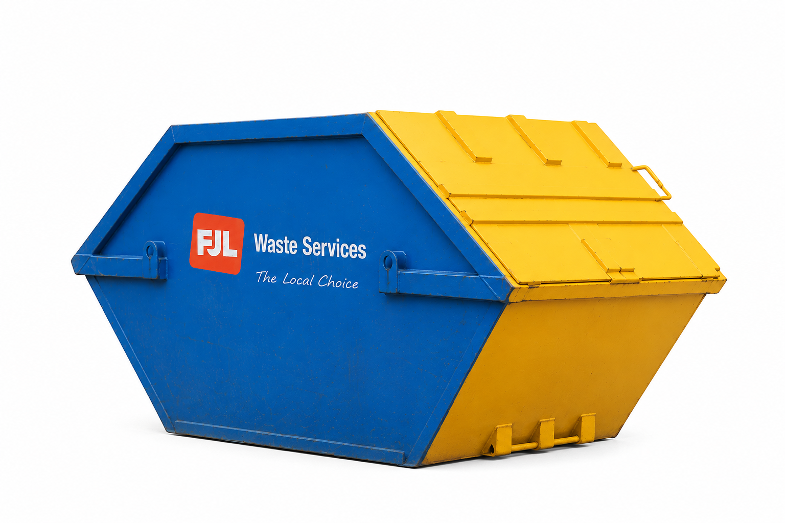 FJL Waste Services yellow enclosed skip with hinged lid and FJL branding