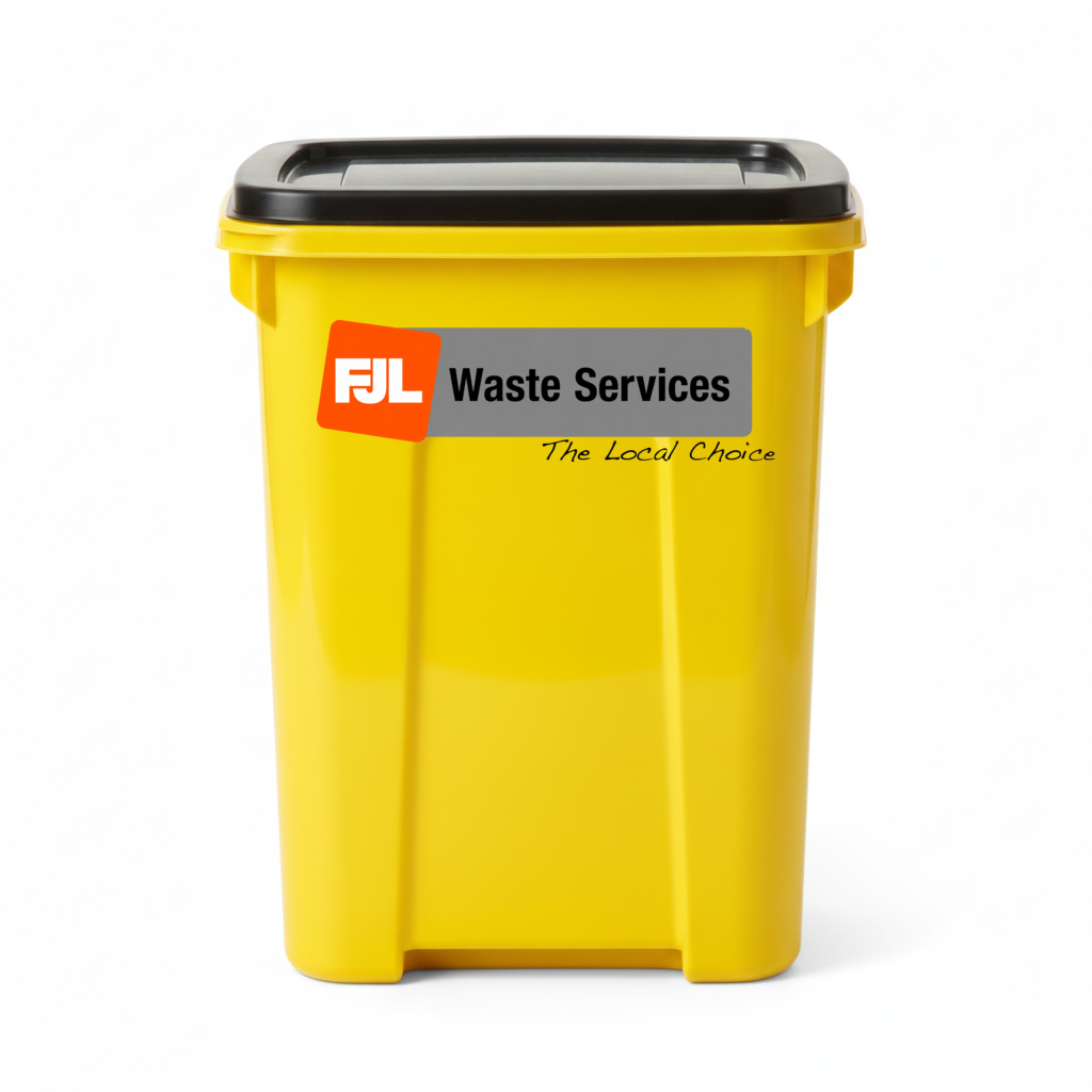 FJL Waste Services yellow food waste caddy with a black lid and FJL branding