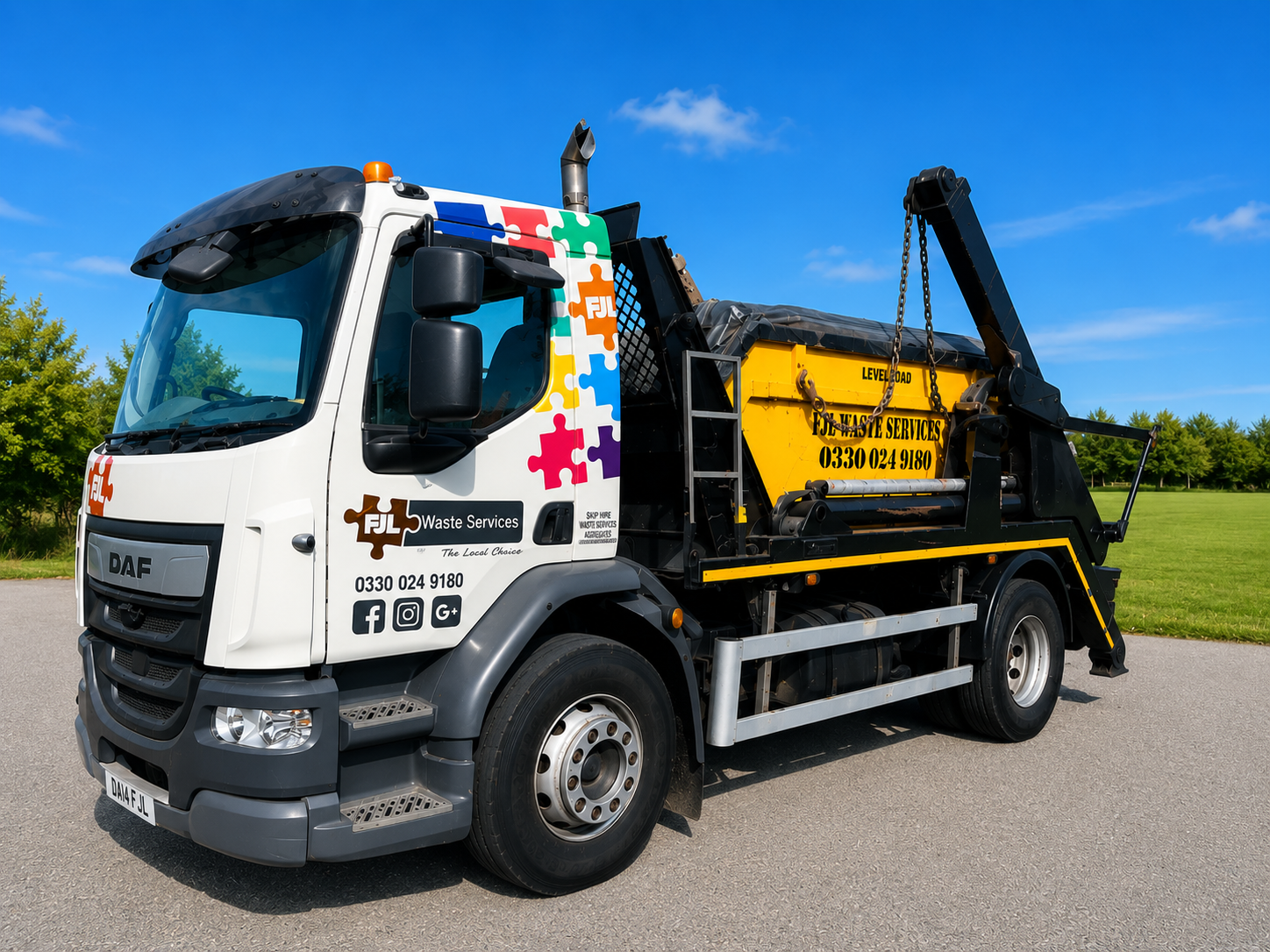 FJL Waste Services DAF skip lorry, autism-awareness livery, side view in open countryside